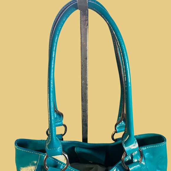Turquoise Patent Vegan Leather Shoulder Bag With Embossed Medallion Design - Picture 5 of 11